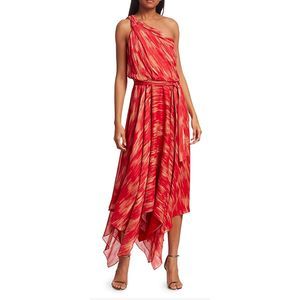 HALSTON Braided One-Shoulder Georgette Handkerchief Gown